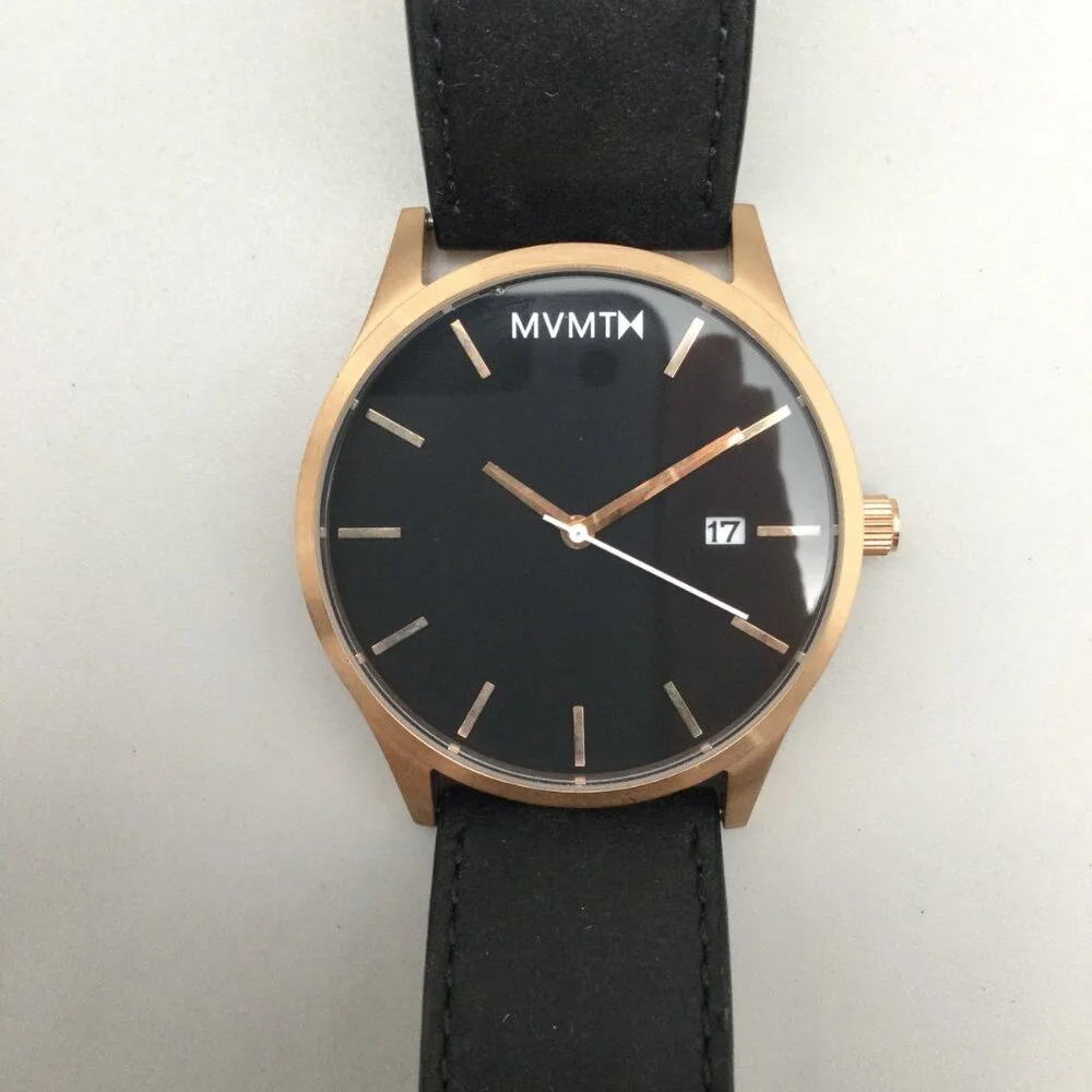 MVMT Watch Men 45mm Rose Gold Black Dial Date Leather Band New Battery